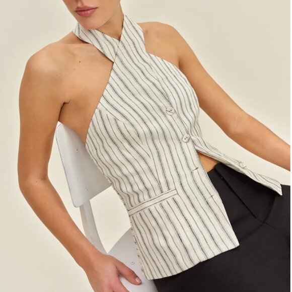 BEST Reformation Tate Linen Top Sz2 Elsie Stripe Black Cream Halter Casual - Picture 1 of 10